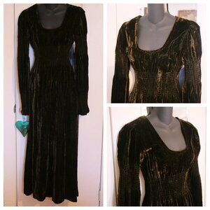 vtg 60s 70s Brown Crushed Velvet Mod Fitted Smocked Sleeves Maxi Dress XS